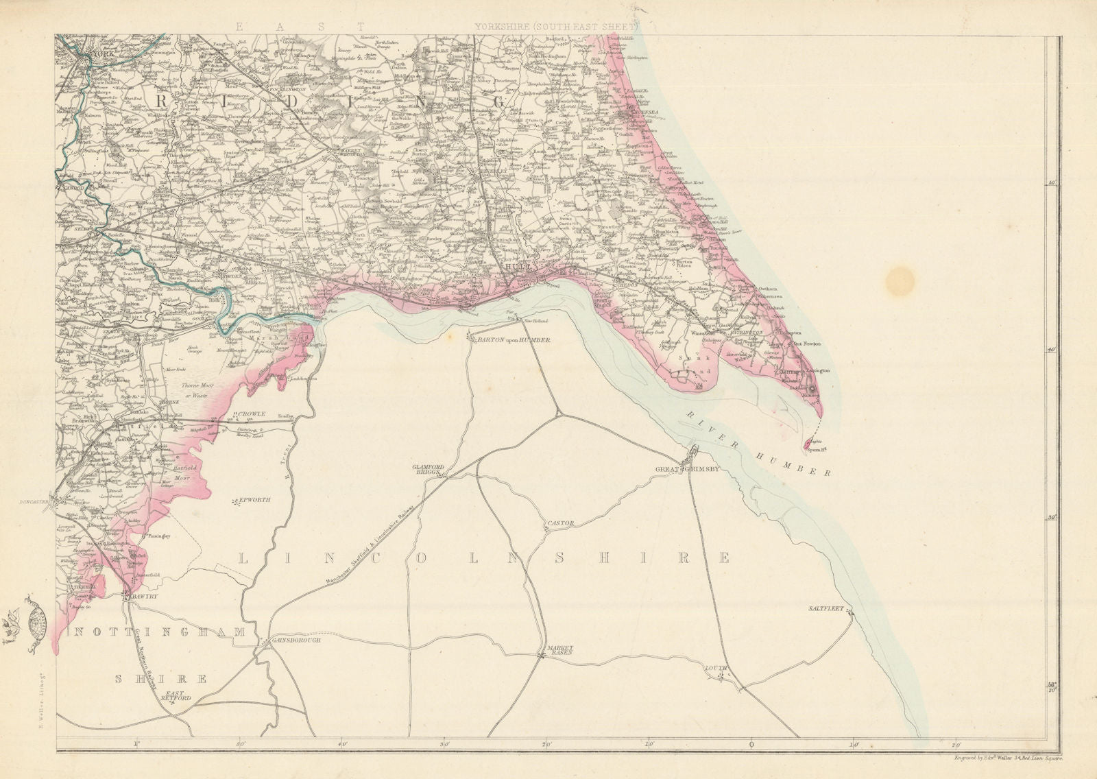 YORKSHIRE SOUTH EAST. Humber estuary. Hull York Grimsby. WELLER 1863 old map